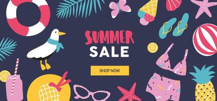 Horizontal web banner template decorated with summer tropical vacation attributes on black background. Colorful seasonal illustration in flat cartoon style for sale promotion, advertisement. vector