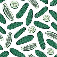 Seamless pattern with whole and cut fresh ripe cucumbers. Backdrop with vegetable, delicious vegetarian snack. Hand drawn realistic illustration for textile print, wrapping paper, wallpaper. vector