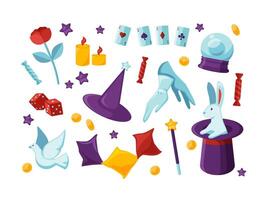 Bundle of equipment and tools for performing magic show and magical tricks isolated on white background - bunny sitting in top hat, playing cards, white dove. Flat cartoon colored illustration. vector