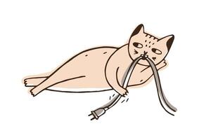 Cat gnawing or eating wire with plug. Funny naughty kitty isolated on white background. Bad, dangerous and harmful behavior of domestic animal, disobedient pet. Colorful hand drawn illustration vector