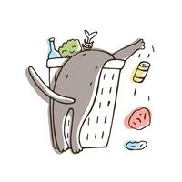 Cat throwing trash out of litter bin or bucket. Naughty kitty scattering garbage isolated on white background. Problematic behavior of domestic animal. Colorful hand drawn illustration. vector