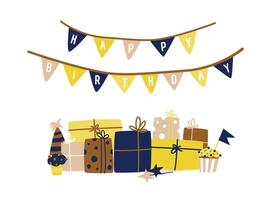 Greeting card template with Happy Birthday wish written on flag garland and stack of present boxes wrapped in colorful paper and decorated with ribbons and bows. Flat cartoon illustration. vector