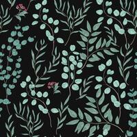 Vintage botanical seamless pattern with gorgeous eucalyptus branches, leaves and flowers on black background. Realistic decorative illustration for textile print, wrapping paper, wallpaper. vector