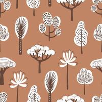 Seamless pattern with various hand drawn trees on brown background. Backdrop with forest flora. Colorful illustration in flat cartoon doodle style for wallpaper, fabric print, wrapping paper. vector