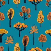Seamless pattern with different hand drawn autumn trees on blue background. Backdrop with cartoon woodland. Seasonal illustration in doodle style for wallpaper, textile print, wrapping paper. vector