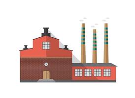 Modern industrial brick building of factory with pipes emitting smoke isolated on white background. Front view of centralized heating plant. Cartoon colorful illustration in flat style. vector