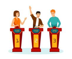 Three participants of TV quizshow answering questions or solving puzzles isolated on white background. Smart men and women participate in intellectual game. illustration in flat cartoon style. vector