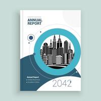 annual report cover with a city skyline layout design vector