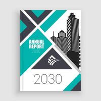 an annual report cover with a city skyline layout vector