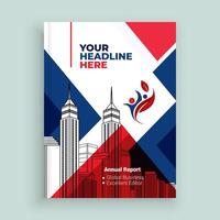 a business report template with a red, blue and white design vector