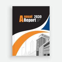 an annual report cover with a building in the background layout design vector