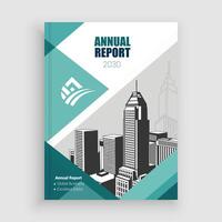 an annual report cover design with a city skyline layout design vector