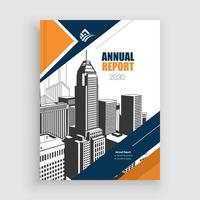 an annual report cover design with a city skyline vector