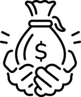 Savings bag in hand, linear style icon vector