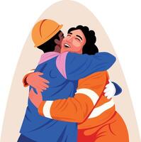 Happy workers hugging each other, flat style illustration vector