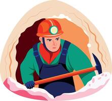 A flat style illustration of a miner working with a pickaxe vector