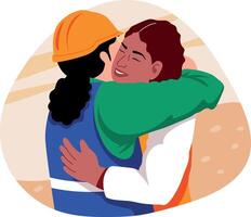 Two female workers hugging illustration in flat style vector