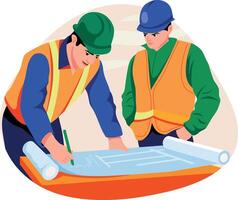 Flat illustration of engineers making construction blueprint vector