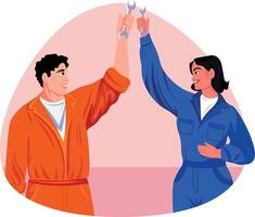 A flat style illustration of two mechanics holding wrench in hands vector