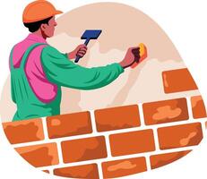 A flat style illustration of a bricklayer making a wall vector