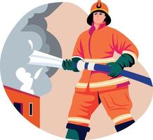 Flat style illustration of a firefighter holding a water pipe vector