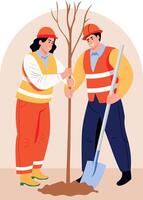 Flat illustration of two workers plating a tree in ground vector