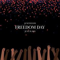 Juneteenth Freedom Day illustration. Raised fists in different skin tones represent unity, strength and liberation. Red blue confetti on black background create powerful celebratory atmosphere. vector