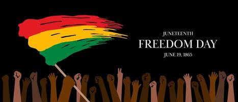 Juneteenth Freedom Day banner with raised fists symbolizing unity, freedom and strength. Red yellow green flag in artistic brushstroke style. Historical significance typography June 19 1865. vector
