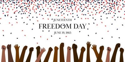 Juneteenth Freedom Day celebration illustration. Raised fists in various skin tones symbolize unity, strength and liberation. Red blue confetti on white background create festive patriotic atmosphere. vector