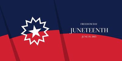 Juneteenth banner features star symbol on blue red flag. Text celebrates Freedom Day and historical date June 19, 1865. Horizontal flat and graphic print design. vector