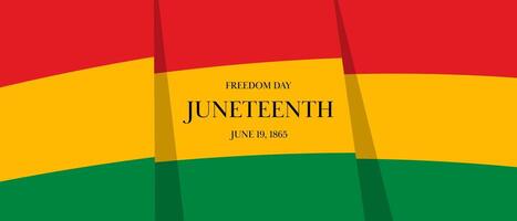 Juneteenth banner features flag with red yellow and green stripes flag. Text commemorates Freedom Day and historical date June 19, 1865. flat and graphic print design. vector