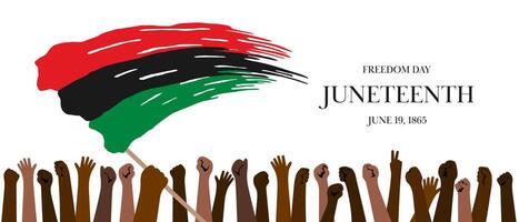 Juneteenth Freedom Day horizontal banner with raised fists symbolizing freedom, justice and unity. Stylized Juneteenth flag with brushstroke effect. Historical significance typography June 19 1865. vector