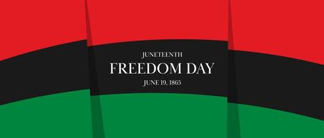 Juneteenth banner features flag with red black and green stripes flag. Text celebrates Freedom Day and historical date June 19, 1865. flat and graphic print design. vector