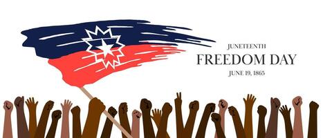 Juneteenth Freedom Day banner. Diverse raised fists symbolize unity, strength and liberation. Juneteenth flag with abstract brushstroke effect emphasizes heritage and pride. Clean modern design. Eps vector