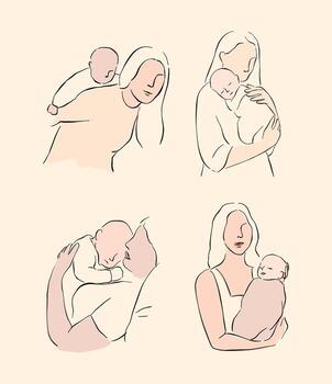 A set of elegant, minimalistic illustrations of mothers holding, hugging, and embracing their babies vector