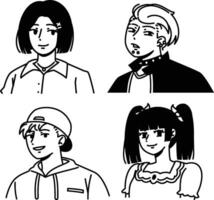 A set of stylish and trendy youth avatar illustrations featuring different fashion styles in minimal black line art vector