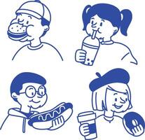 A set of playful cartoon character illustrations enjoying fast food and drinks vector