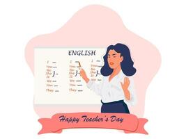 The teacher shows a felt-tip pen on the whiteboard and explains the grammar of the English language vector