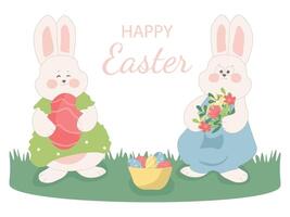 Two cute bunnies celebrating easter, holding a decorated egg and a bouquet of spring flowers, with a basket full of colorful eggs. vector