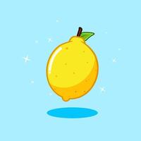 A cartoon illustration of a fresh yellow lemon with a green leaf and sparkling effect vector
