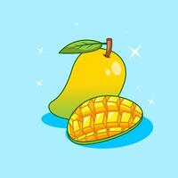 Set of Delicious yellow mango fruit with a slice and leaf on blue background Illustration Cartoon Design vector