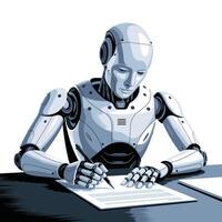 A robot writing a paper on a desk vector