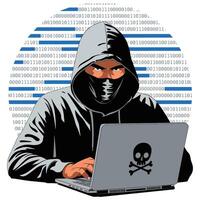 A man in a hoodie and mask is using a laptop vector