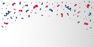 Banner with falling blue and red confetti, tinsel. Festive background with shimmering decorations. Shiny paper cuts. For celebrations, holidays, 4th of july, independence day and promotions vector