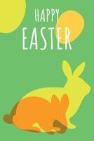 Green poster with Easter bunnies with overlapping. Easter card with cute rabbits and eggs vector