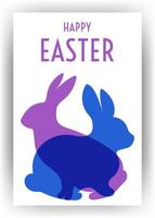 Modern stylish postcard with Easter bunnies with overlapping. Blue and purple rabbits on white background vector