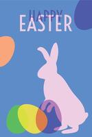 Blue card with Easter rabbit and eggs with overlapping. Easter poster with bunny and eggs vector
