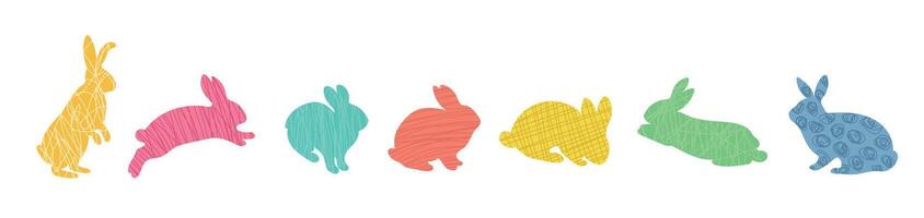 Bright silhouettes of rabbits with doodle elements. Various scribbles hares, elements for Easter designs, cards, invitations vector