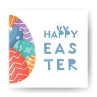 Stylish Easter card with half of bright Easter egg and text Happy Easter with bunny ears. Cute poster on white background vector