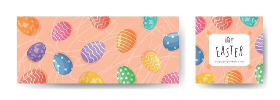 Playful set of horizontal banner and card with Easter eggs and doodles. Bright and cheerful design for greetings, websites, advertising, discounts, invitations vector